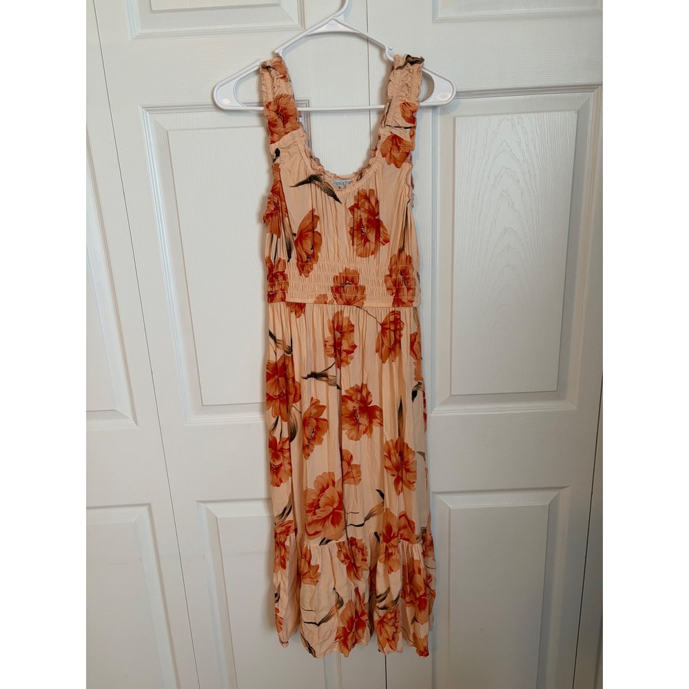 Patrons of Peace Orange Floral Smocked Midi Dress Peach Boho Rayon J2159F58 Med